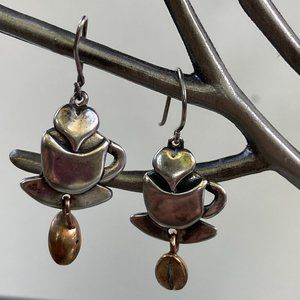 Sterling silver coffee cup, heart and copper drop dangle earrings